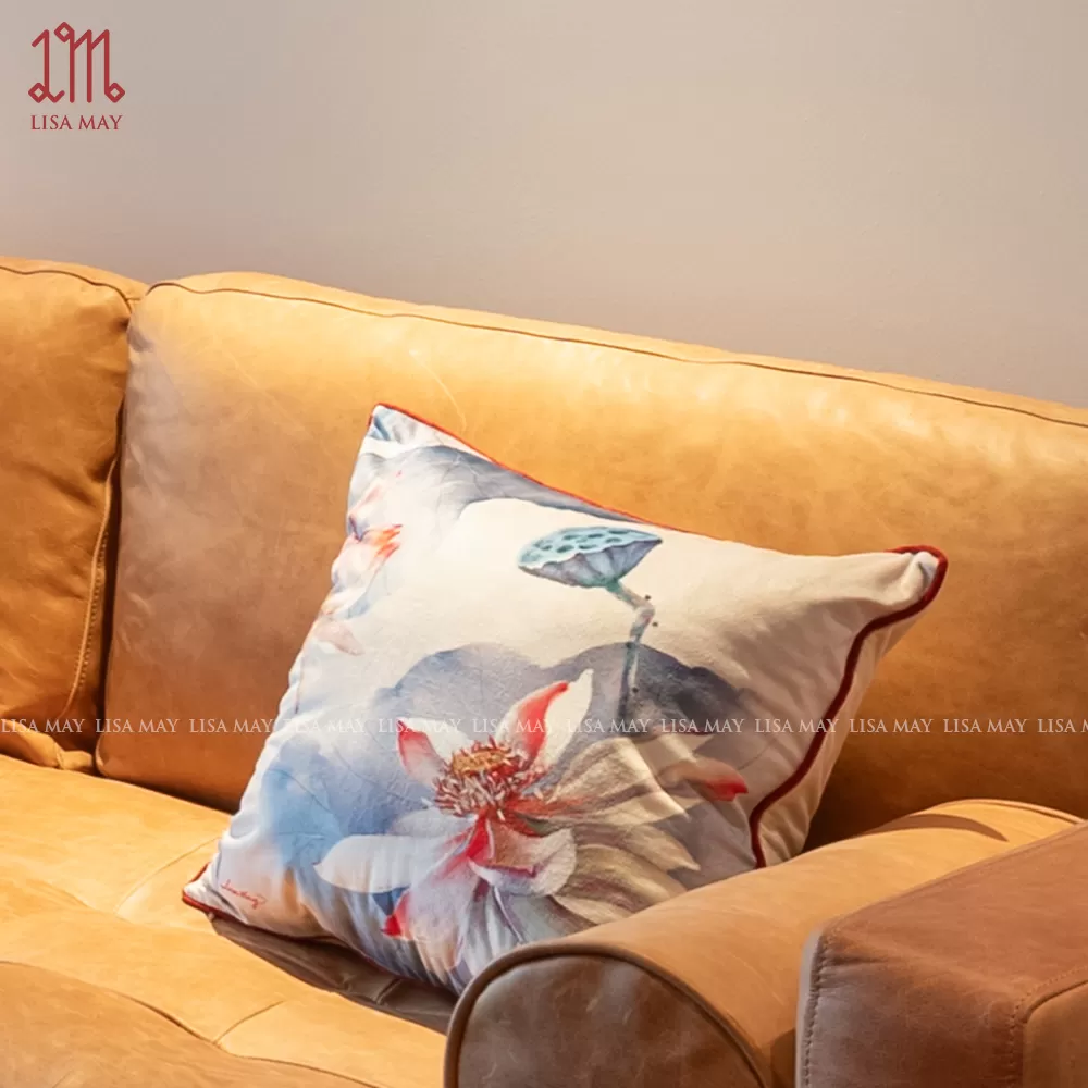 Gối vuông thiết kế họa tiết hoa sen trắng đỏ (DG-STD01a)