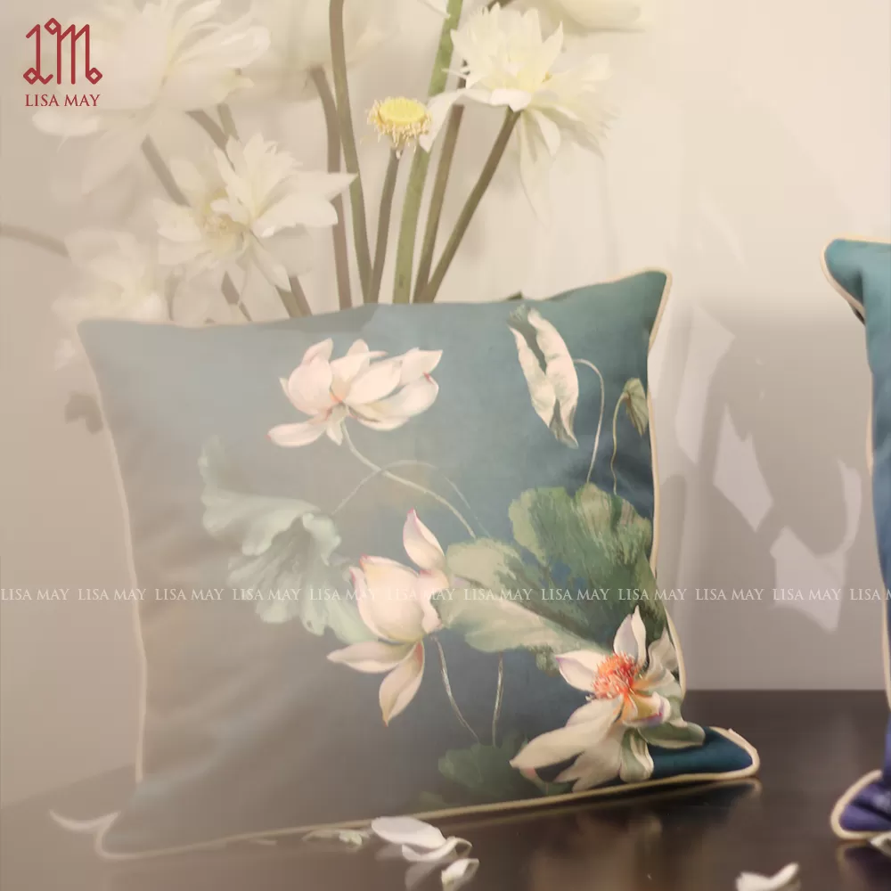 Gối vuông thiết kế họa tiết hoa sen trắng (DG-ST01h)