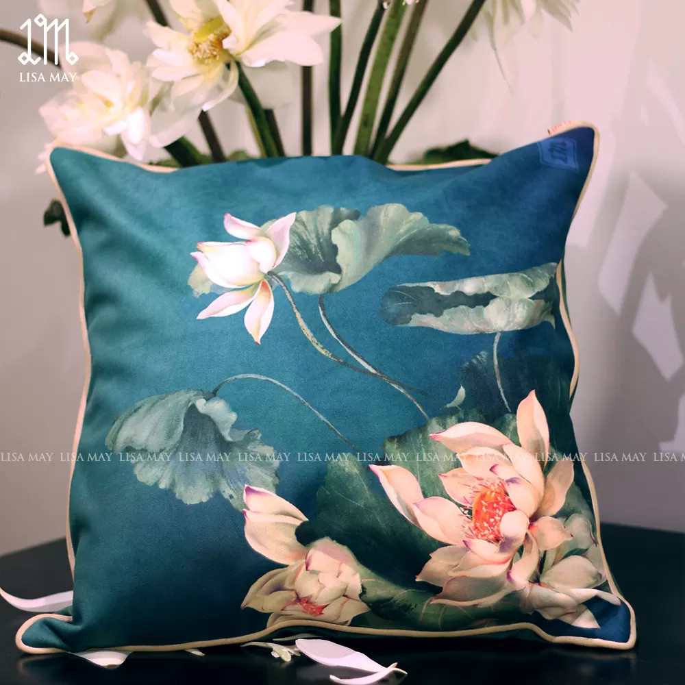 Gối vuông thiết kế họa tiết hoa sen trắng (DG-ST01j)
