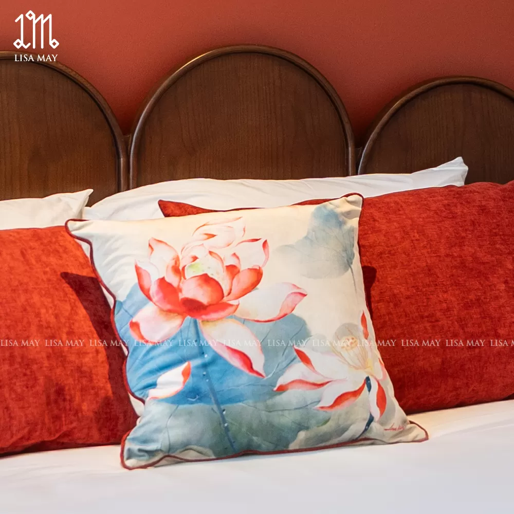 Gối vuông thiết kế họa tiết hoa sen hồng (DG-SH03a)
