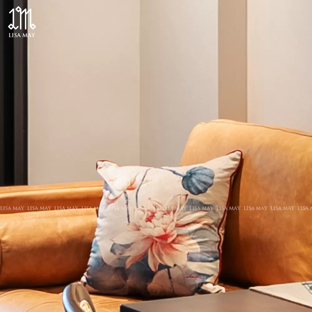Gối vuông thiết kế họa tiết hoa sen trắng đỏ (DG-STD01c)