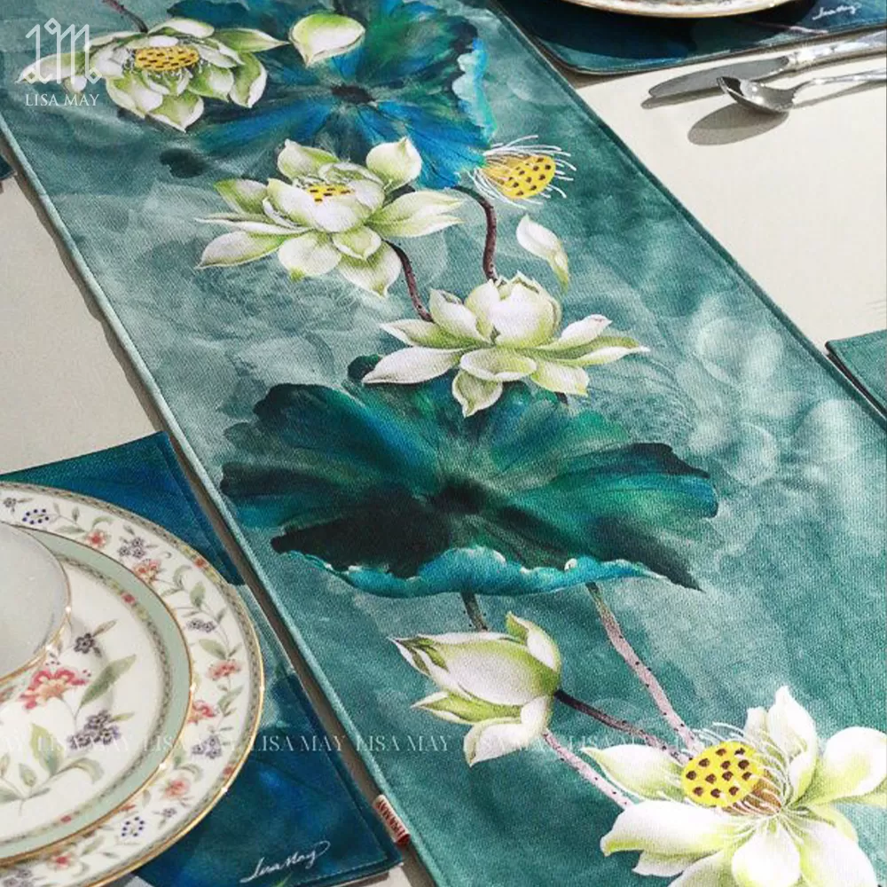 Runner thiết kế họa tiết hoa sen xanh (DR-SX05a)