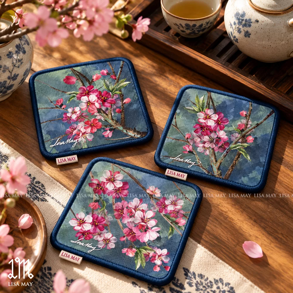 Lót cốc thiết kế họa tiết hoa đào (DLC-HD1)