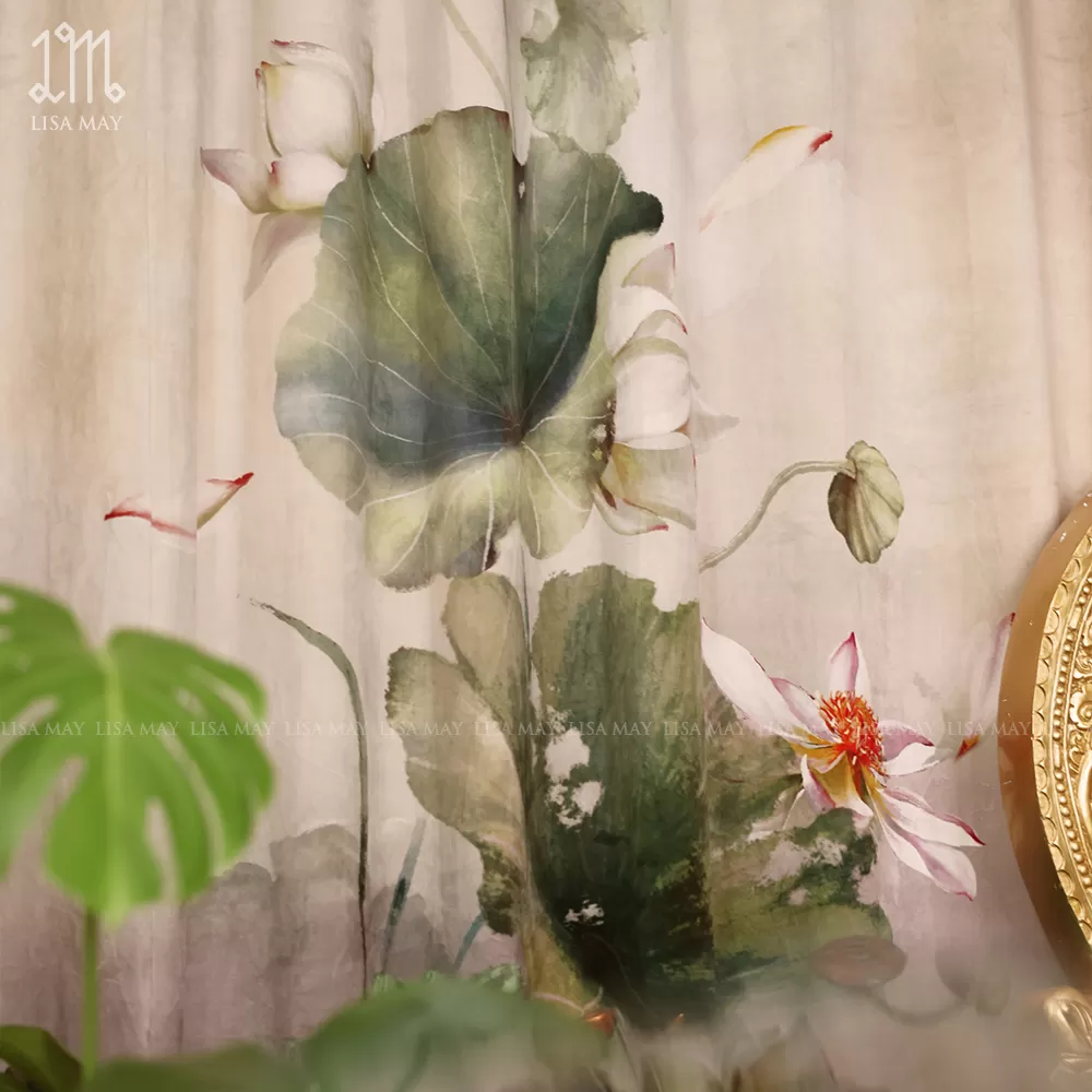 Rèm vải nhung thiết kế họa tiết hoa sen trắng (DC-ST001)