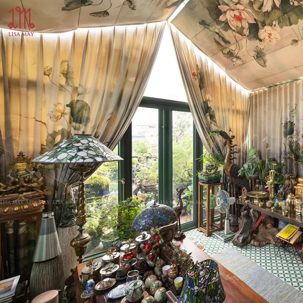 Rèm vải nhung thiết kế họa tiết hoa sen trắng (DC-ST001)