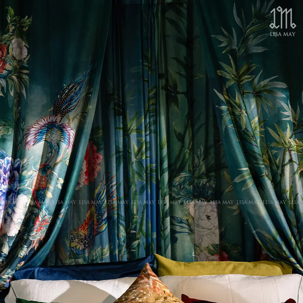 Rèm vải nhung thiết kế họa tiết mẫu đơn khổng tước (DC-CP002)