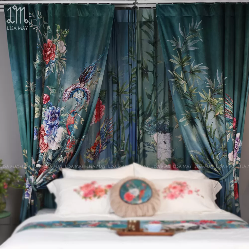 Rèm vải nhung thiết kế họa tiết mẫu đơn khổng tước (DC-CP002)