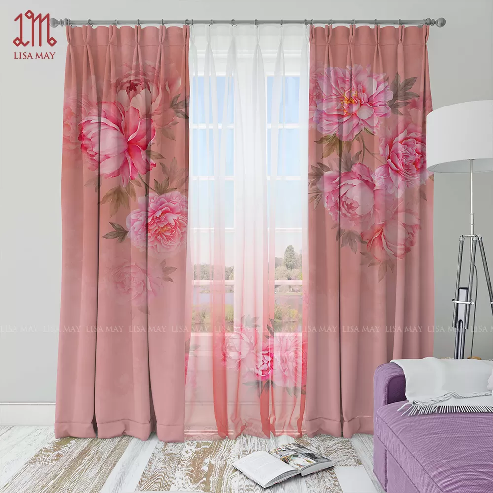 Rèm vải nhung thiết kế họa tiết hoa mẫu đơn (DC-MD02a)