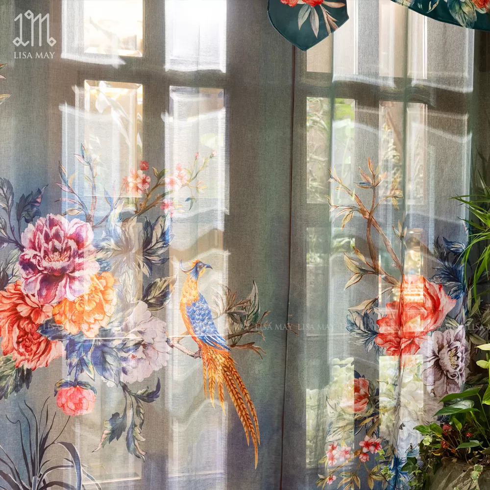 Rèm vải voan thiết kế họa tiết mẫu đơn khổng tước (DC-CP001)