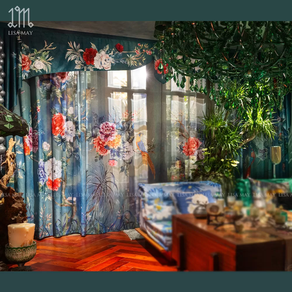 Rèm vải voan thiết kế họa tiết mẫu đơn khổng tước (DC-CP001)