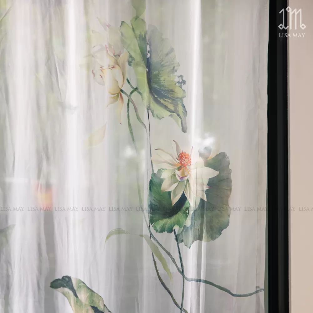 Rèm vải voan thiết kế họa tiết hoa sen trắng (DC-ST003)