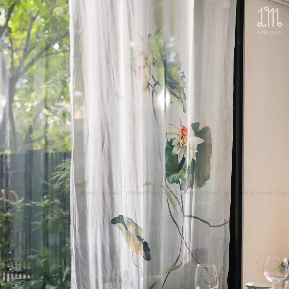 Rèm vải voan thiết kế họa tiết hoa sen trắng (DC-ST003)