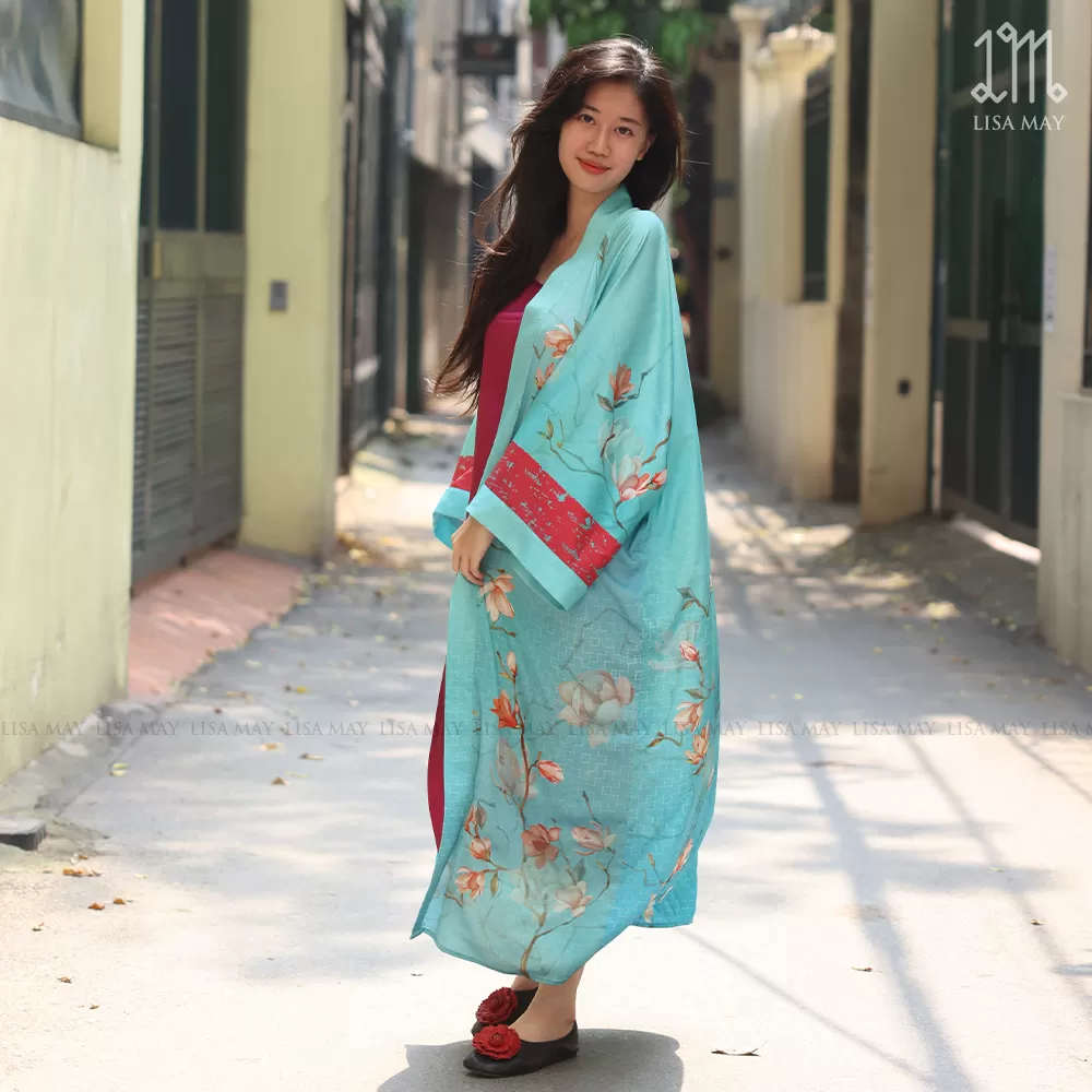 Áo kimono thiết kế họa tiết hoa mộc lan cam nền xanh lá